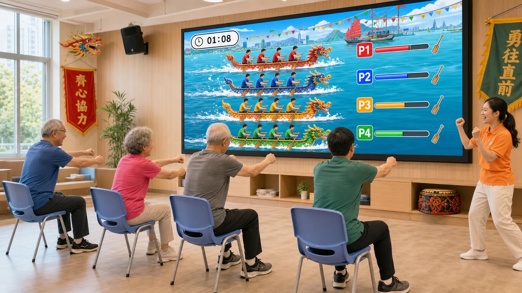 長者使用 JoyMotion 龍舟破浪遊戲進行節日主題活動