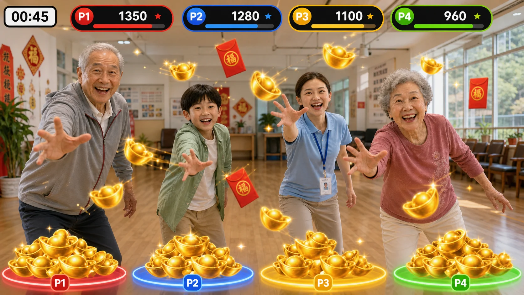 四位玩家在活動室使用 JoyMotion 接元寶遊戲同場競賽